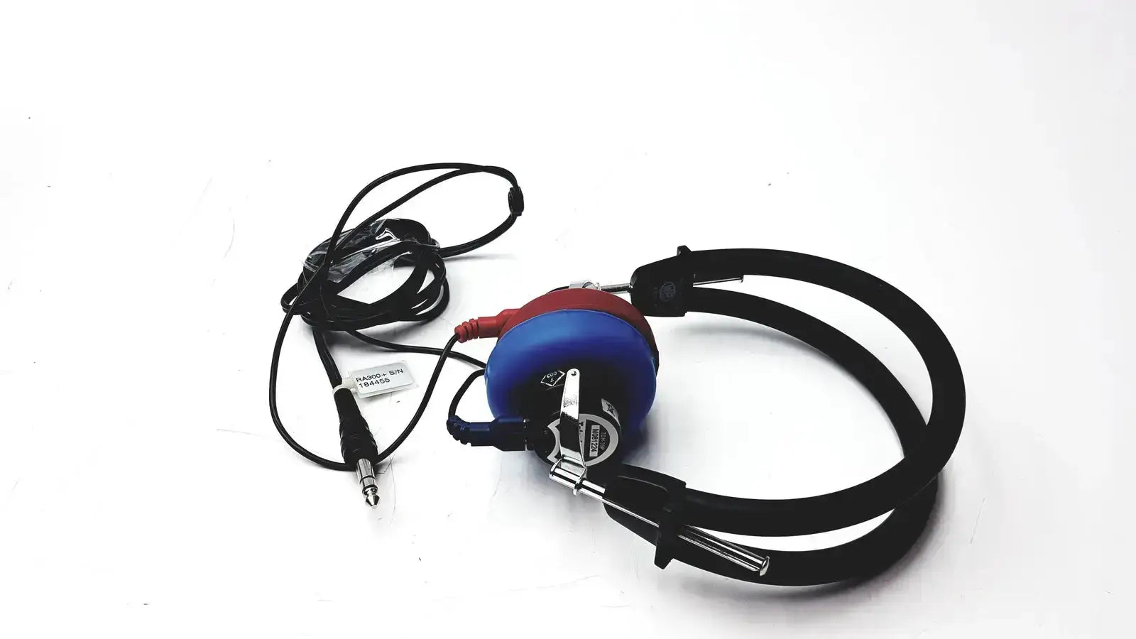 Blue and red over-ear Telephonics TDH-39P audiometric earphones with black headband and cable for hearing tests