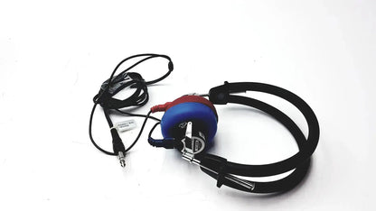 Blue and red over-ear Telephonics TDH-39P audiometric earphones with black headband and cable for hearing tests