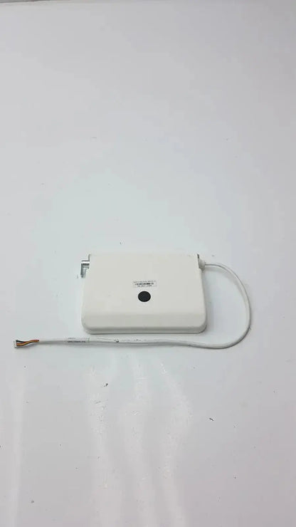 White rectangular tft hmi lcd nextion mounting frame with coiled cable and exposed copper wire end shown from the back side
