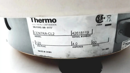 Thermo electron corporation iec centra cl2 centrifuge electric cooker with white label showing model and serial numbers
