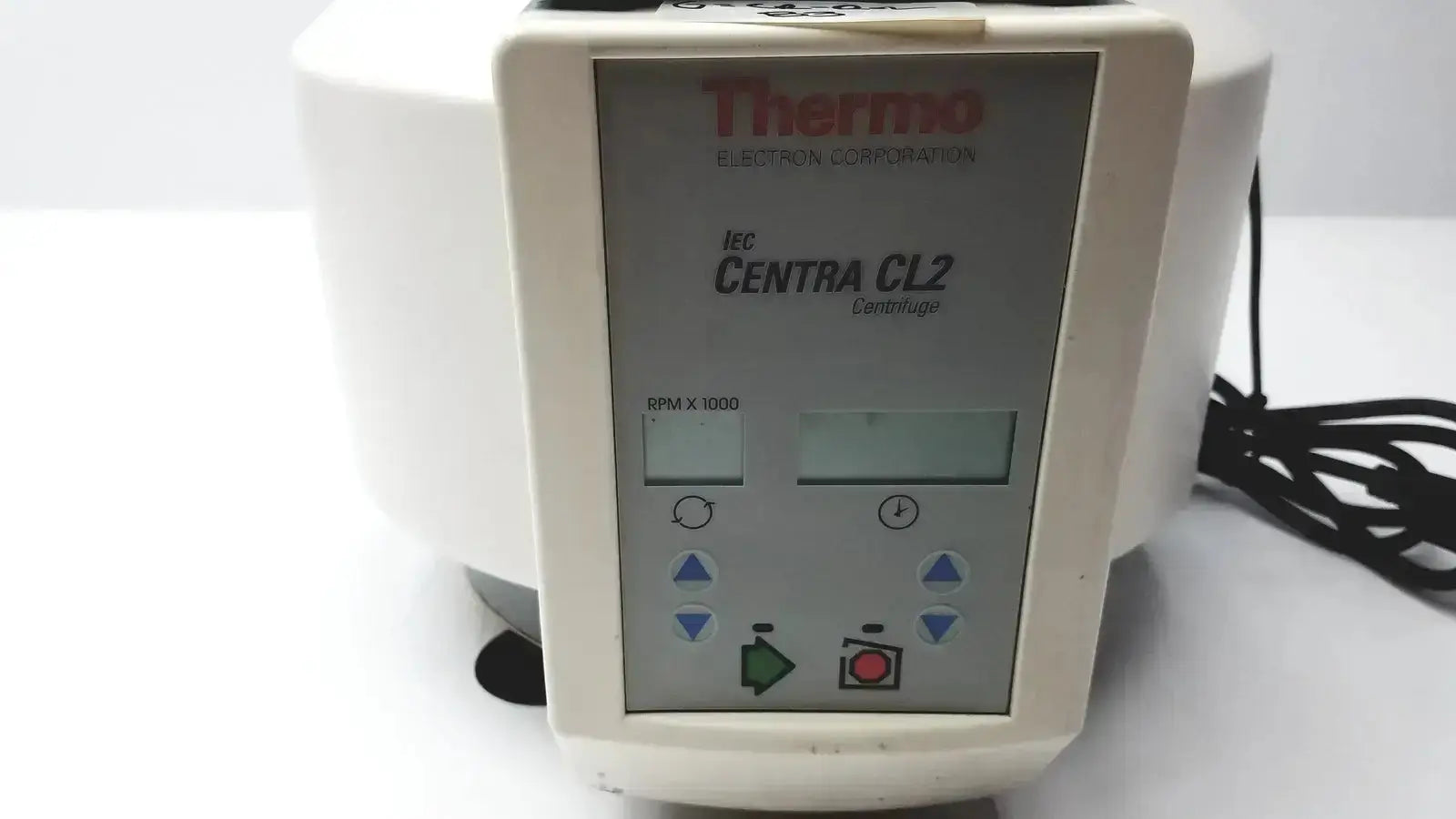White plastic thermo scientific iec centra cl2 centrifuge with digital control panel and buttons for laboratory use