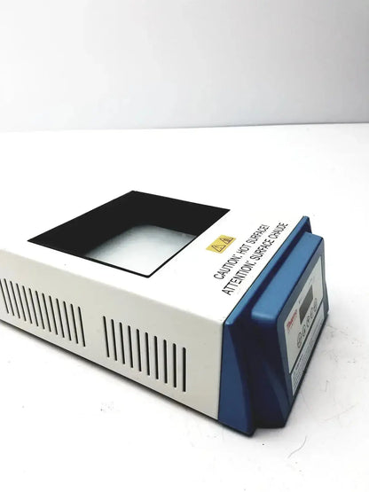 Thermo Scientific digital dry block heater in white and blue with black interior chamber for laboratory use