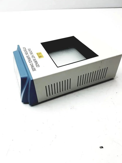 Thermo Scientific digital dry block heater in white and blue with a black square viewing window on top for lab use