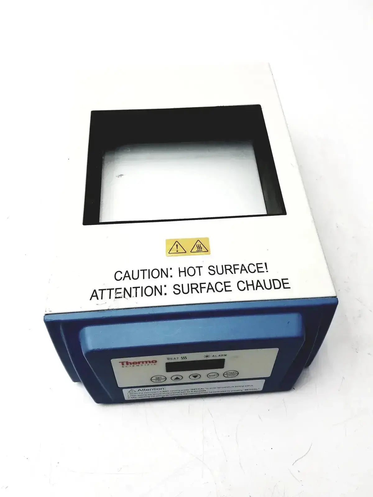 Blue and white thermo scientific digital dry block heater with a digital display panel for precise temperature control