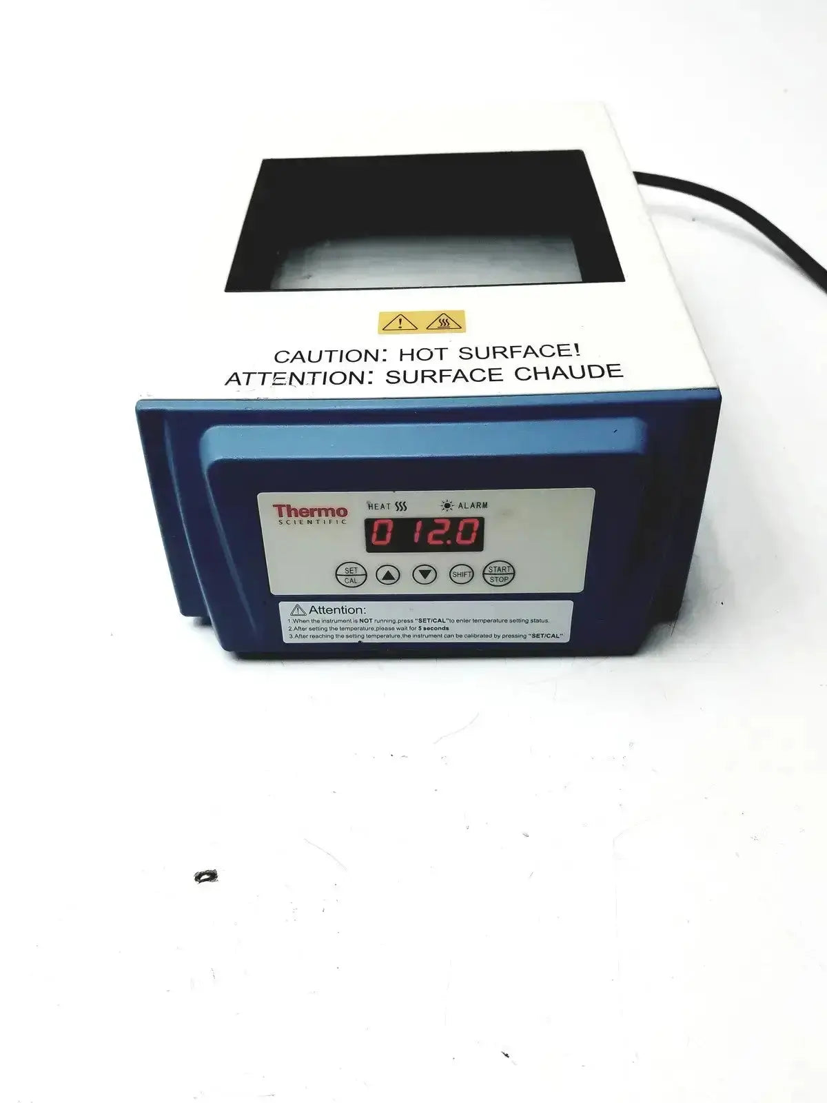 Thermo scientific digital dry block heater 88870003n in blue and white with digital display showing 12.0 c and control buttons