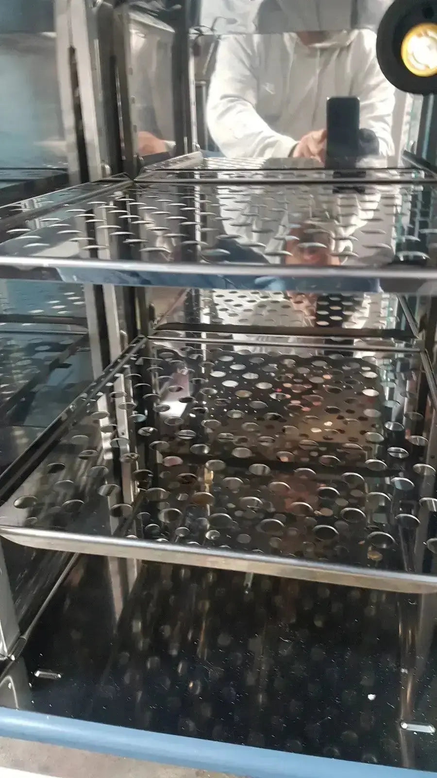 Stainless steel multi-tiered food steamer with perforated trays inside thermo scientific heratherm igs60 incubator