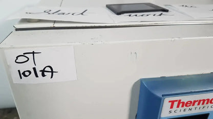 White thermo scientific heratherm igs60 incubator with blue label and handwritten ot 101a on the side panel