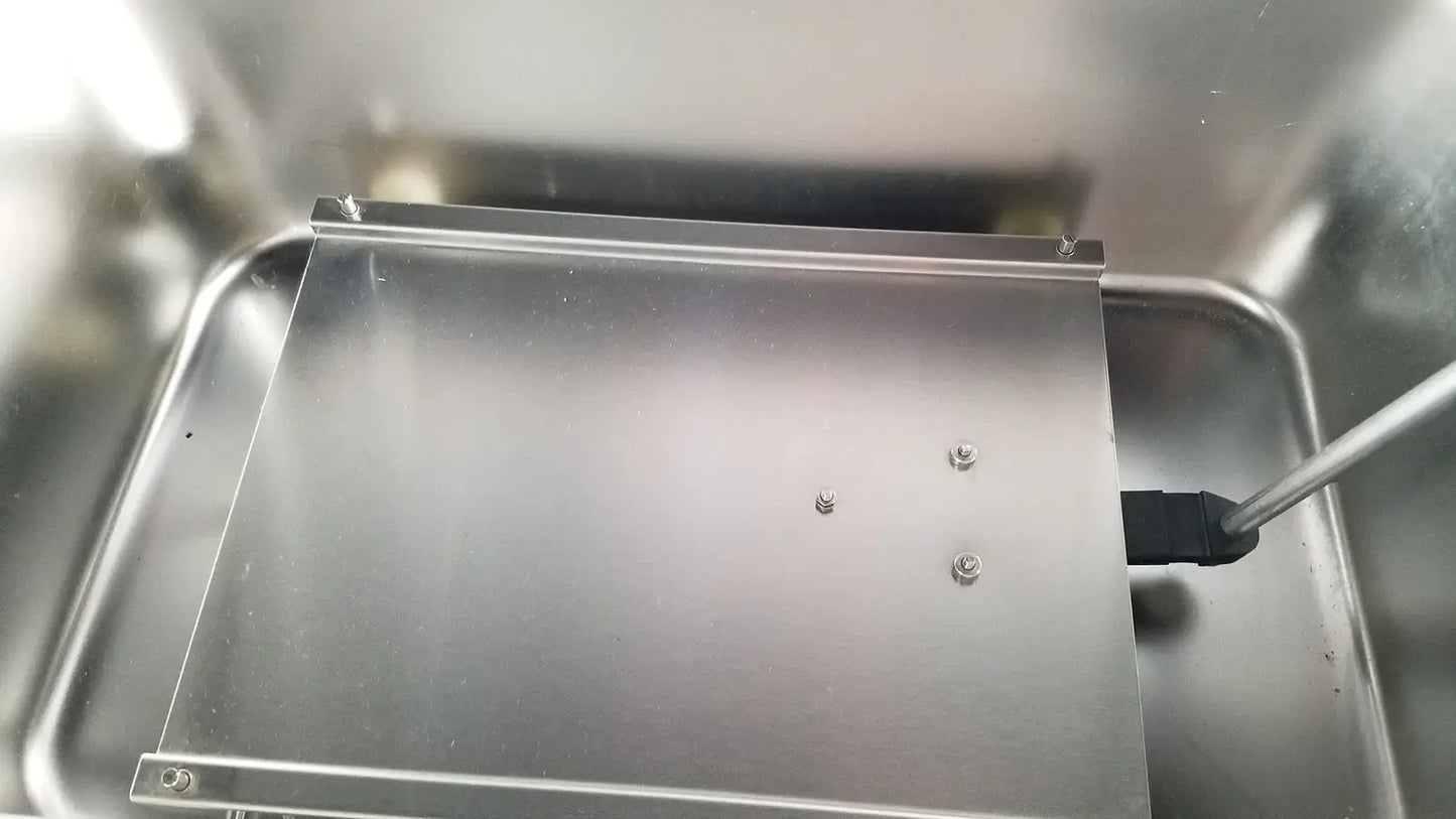 A sleek rectangular stainless steel tray with brushed finish and screws for thermo scientific swb25 digital shaker water bath medical equipment