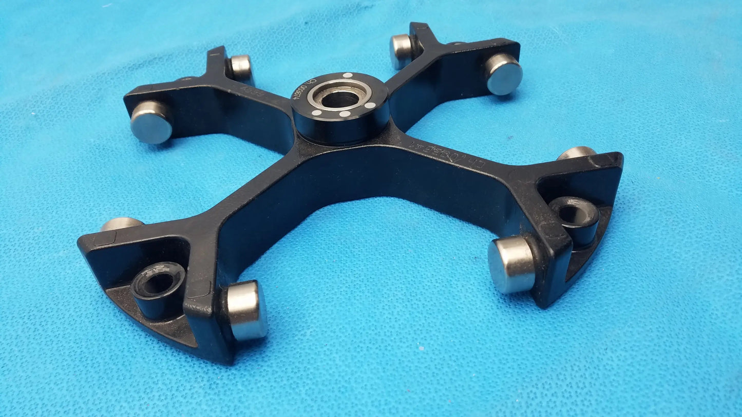 Black metal drone landing gear with silver bearings and central hub for Thermo Sorvall 75006445 Heraeus rotor medical equipment reuse