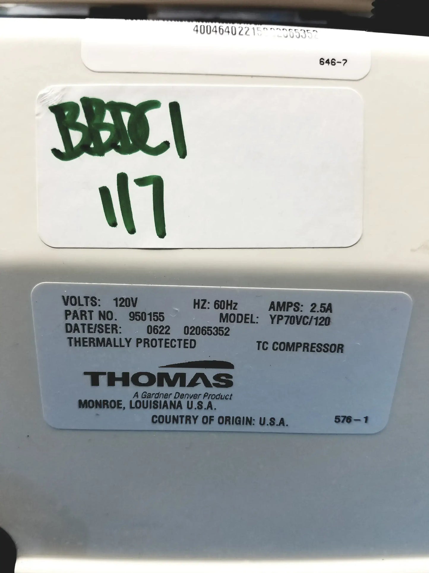 Thomas YP70VC/120 Oil-less Linear Diaphragm Compressor