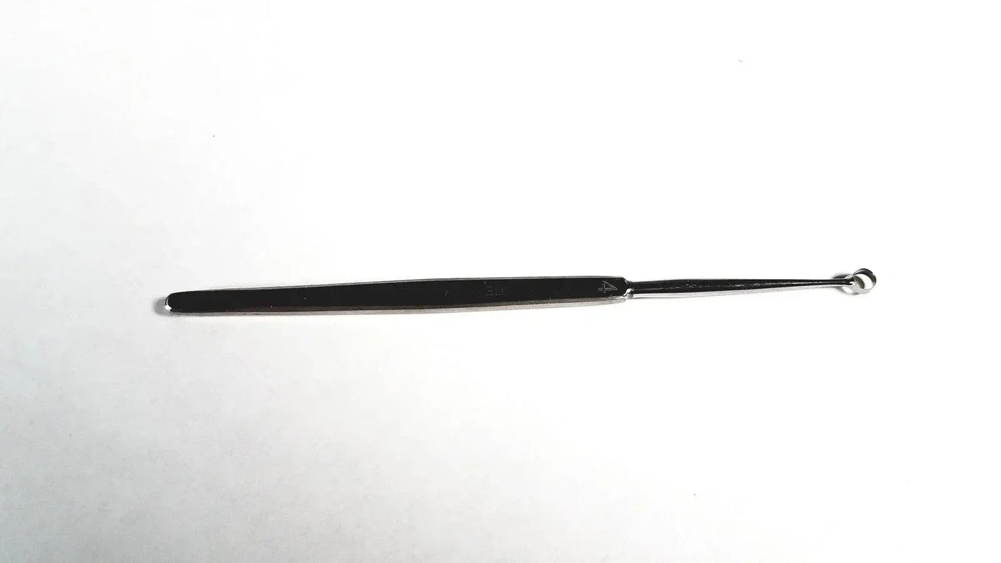 Black-handled tiemann surgical dermal curette size 4 with slender stainless steel tip medical equipment instrument