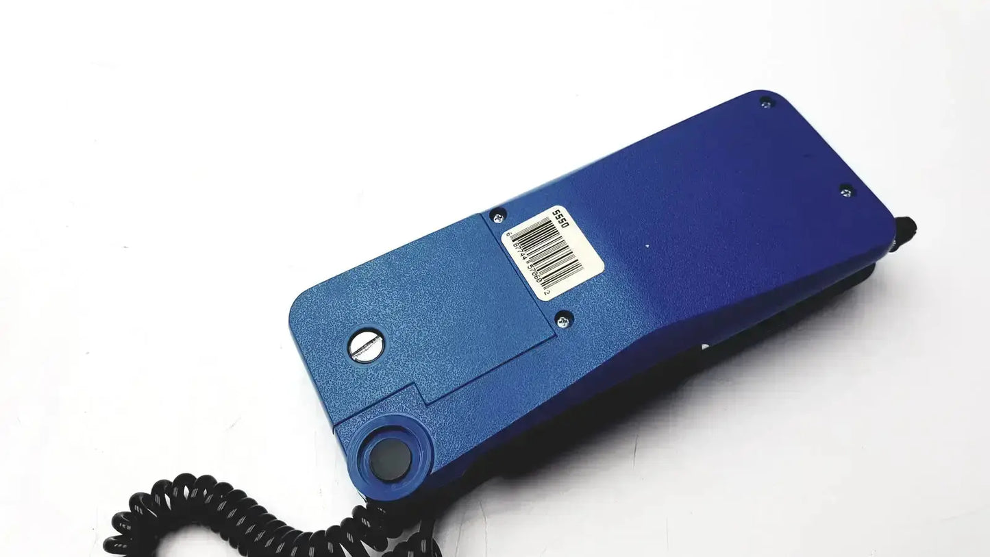 Blue handheld tif 5550a automatic halogen leak detector with coiled black cable and barcode label on its back side
