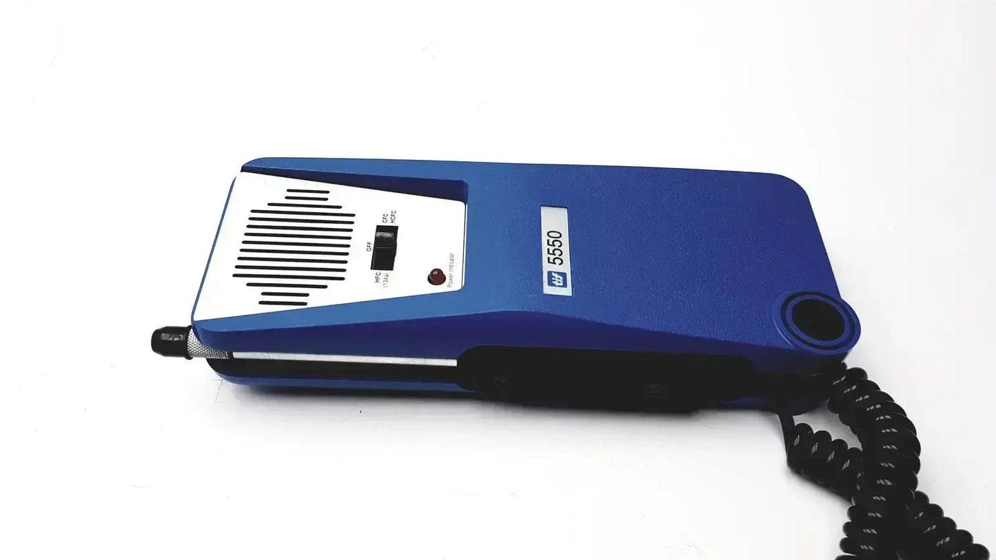 Blue hp 5550 handheld voice recorder with white speaker grille and black coiled cord for halogen leak detector use