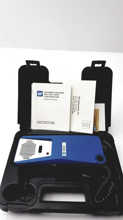 Blue and white tif 5550a automatic halogen leak detector with black carrying case for precise halogen leak detection