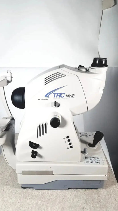 White and black Topcon TRC-NW8 retinal camera with modern design used medical equipment for sale