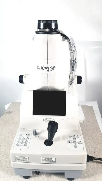 White medical slit lamp retinal camera topcon trc-nw8 with black control knobs and digital display for used medical equipment sale