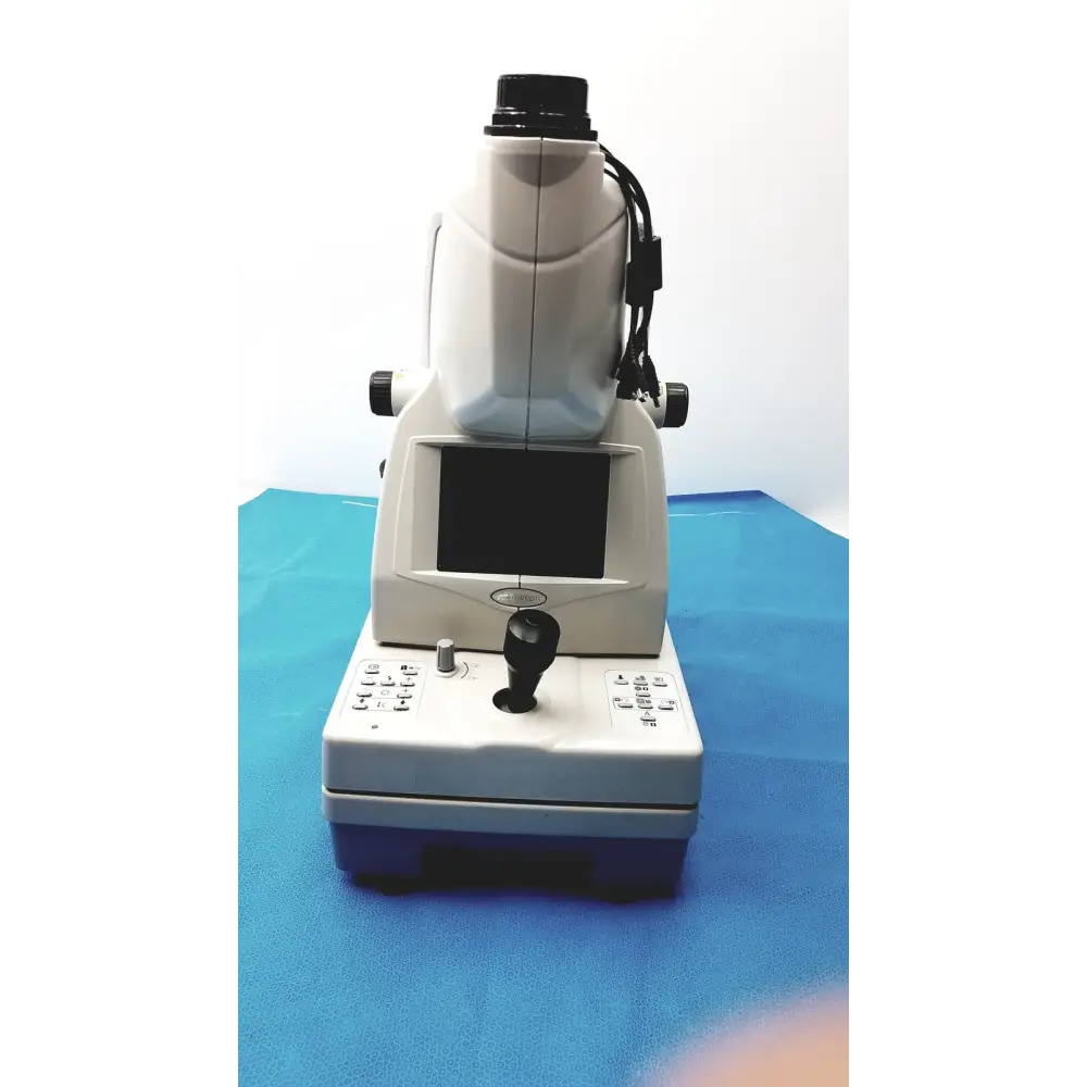 White and blue medical slit lamp with a black eyepiece, control panel, and digital display.