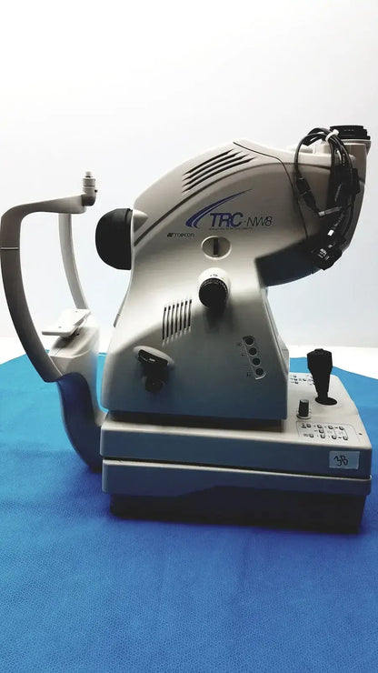 Silver and black topcon trc-nw8 slit lamp retinal camera for digital fundus imaging in non-mydriatic use