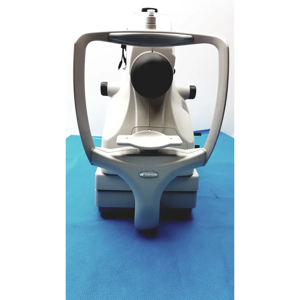 A sleek, modern white and gray topcon slit lamp biomicroscope with a black circular lens housing.