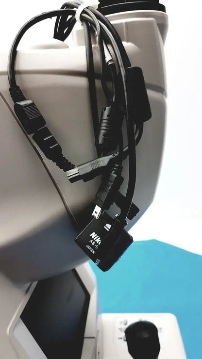Black nikon asr camera cable with multiple connectors bundled with white tie for topcon trc-nw8 digital fundus imaging system
