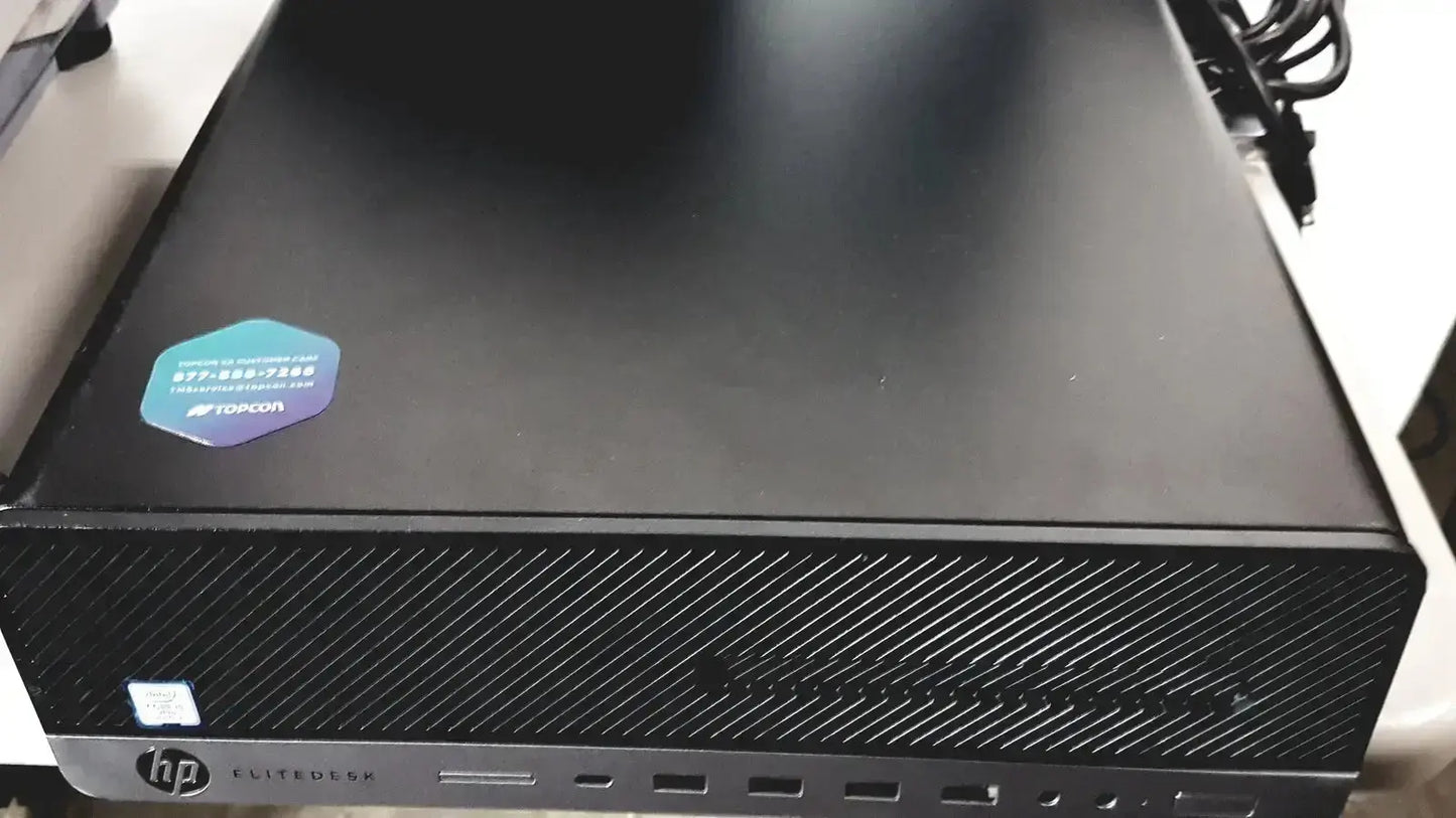 Black hp elitedesk desktop computer with matte finish and diagonal texture for topcon trc nw8 retinal camera setup