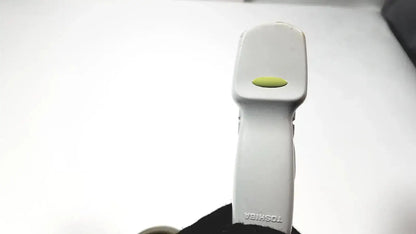 White toshiba handheld barcode scanner with lime green oval button for use with ultrasound transducer probe