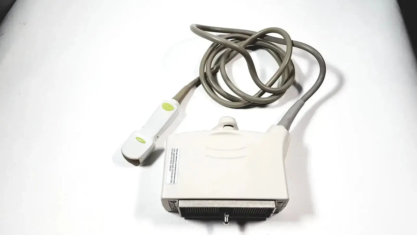 White Toshiba PVT-382BT 3.5 MHz ultrasound transducer probe with green circular buttons and coiled gray cable