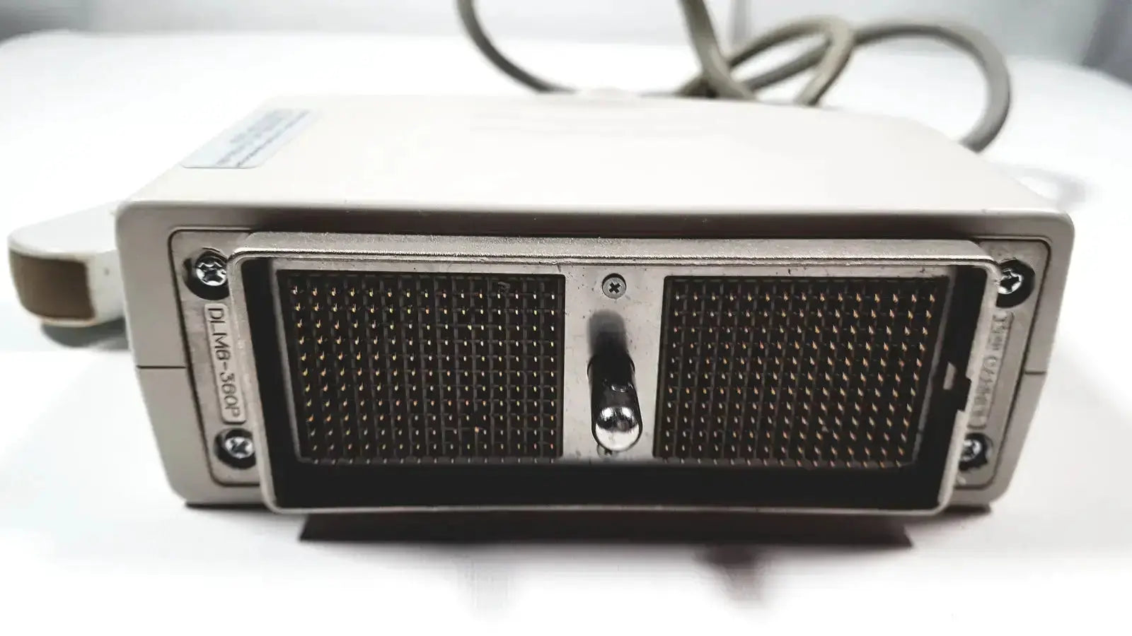 Silver-colored rectangular toshiba pvt-382bt 3.5 mhz ultrasound transducer probe with black mesh panels and toggle switch