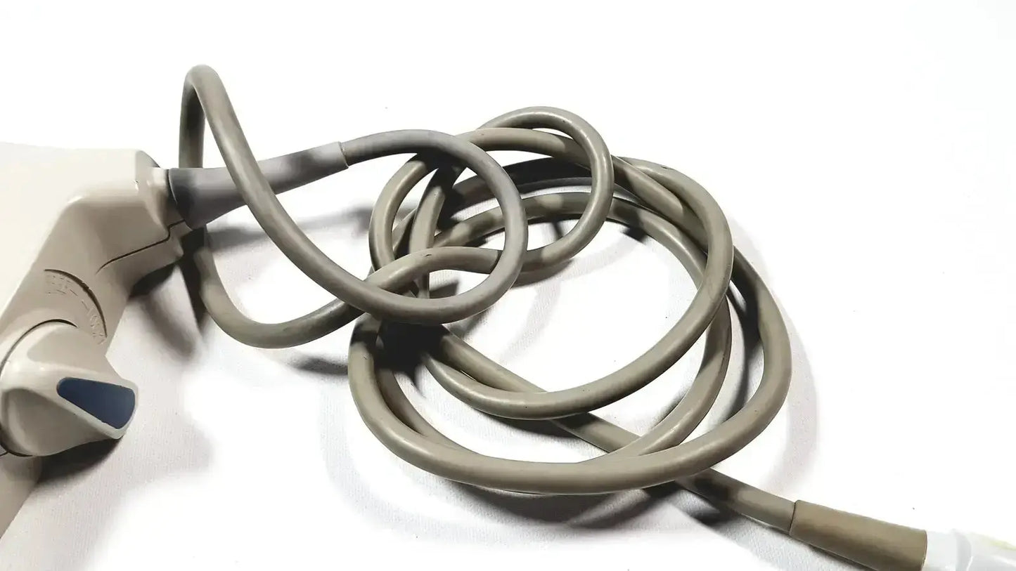 Gray coiled cable with beige handheld Toshiba PVT-382BT ultrasound transducer probe featuring blue accent