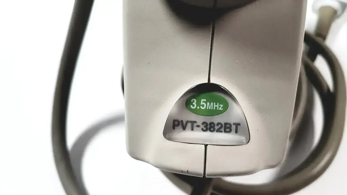 Silver handheld ultrasound transducer probe with green and black label showing 3.5 mhz and model pvt-382bt