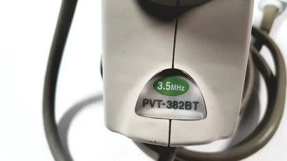 Silver handheld ultrasound transducer probe with green and black label showing 3.5 mhz and model pvt-382bt