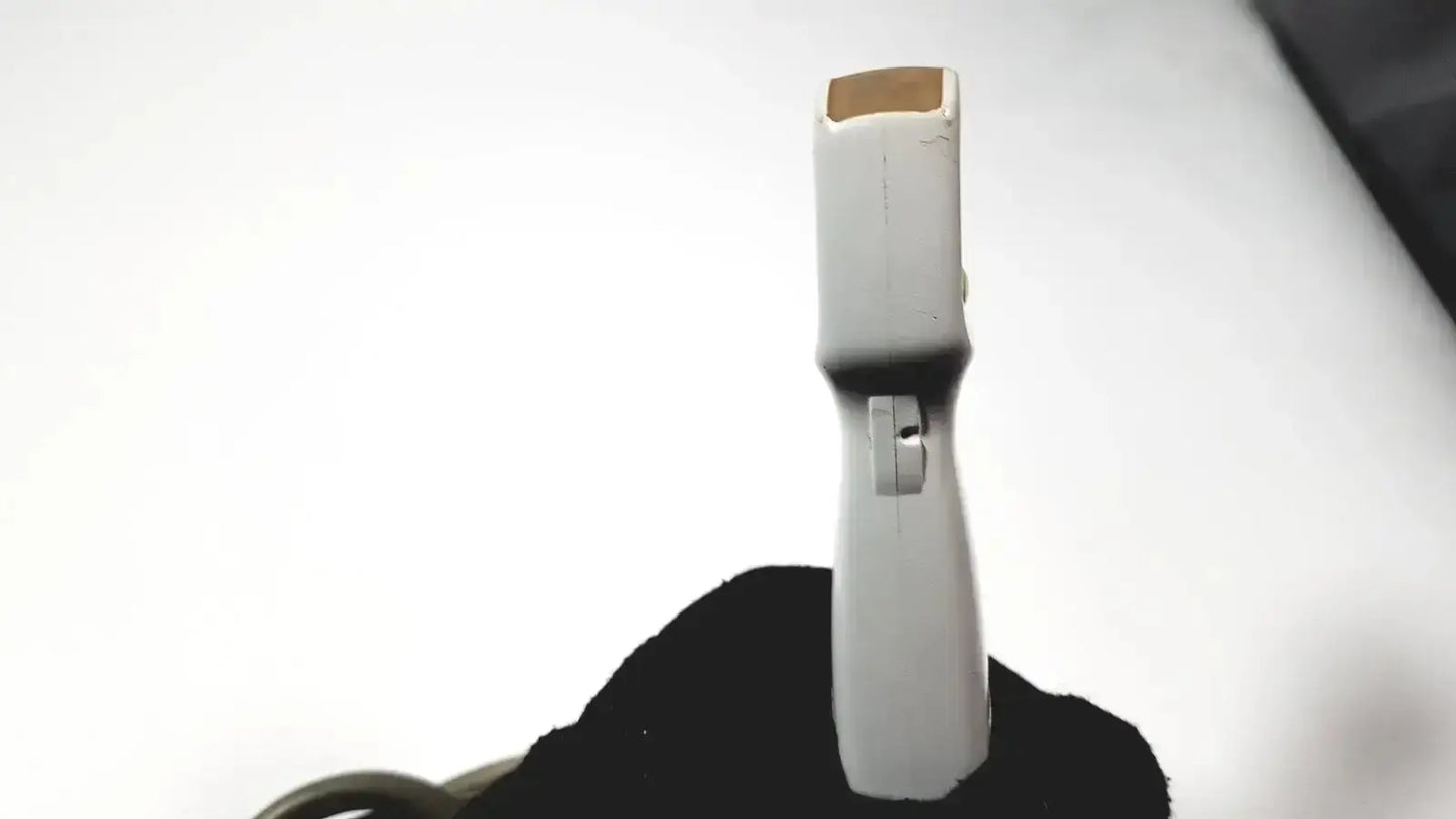 White plastic-handled Toshiba PVT-382BT 3.5 MHz ultrasound transducer probe with tan top and metal clip near base
