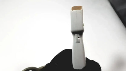 White plastic-handled Toshiba PVT-382BT 3.5 MHz ultrasound transducer probe with tan top and metal clip near base