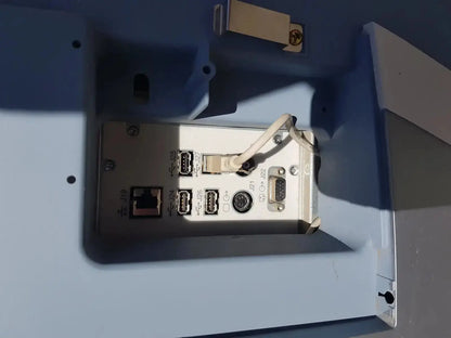 Back view of silver metallic Toshiba Xario XG SSA-660A diagnostic ultrasound machine control panel with usb and ethernet ports