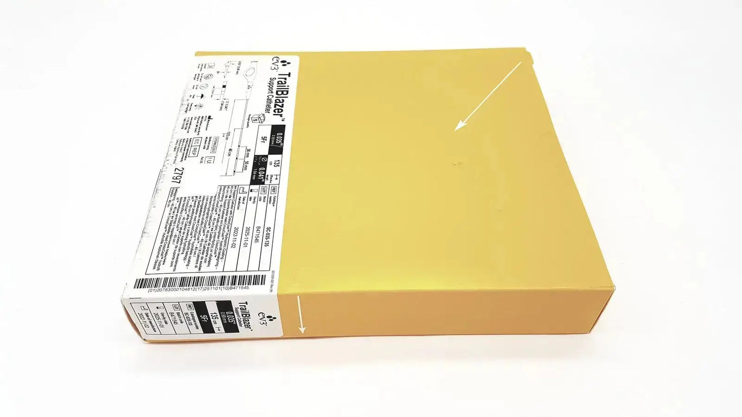 Yellow cardboard box with white shipping label featuring trailblazer support catheter 5fr ev3 ref sc-035-135 text