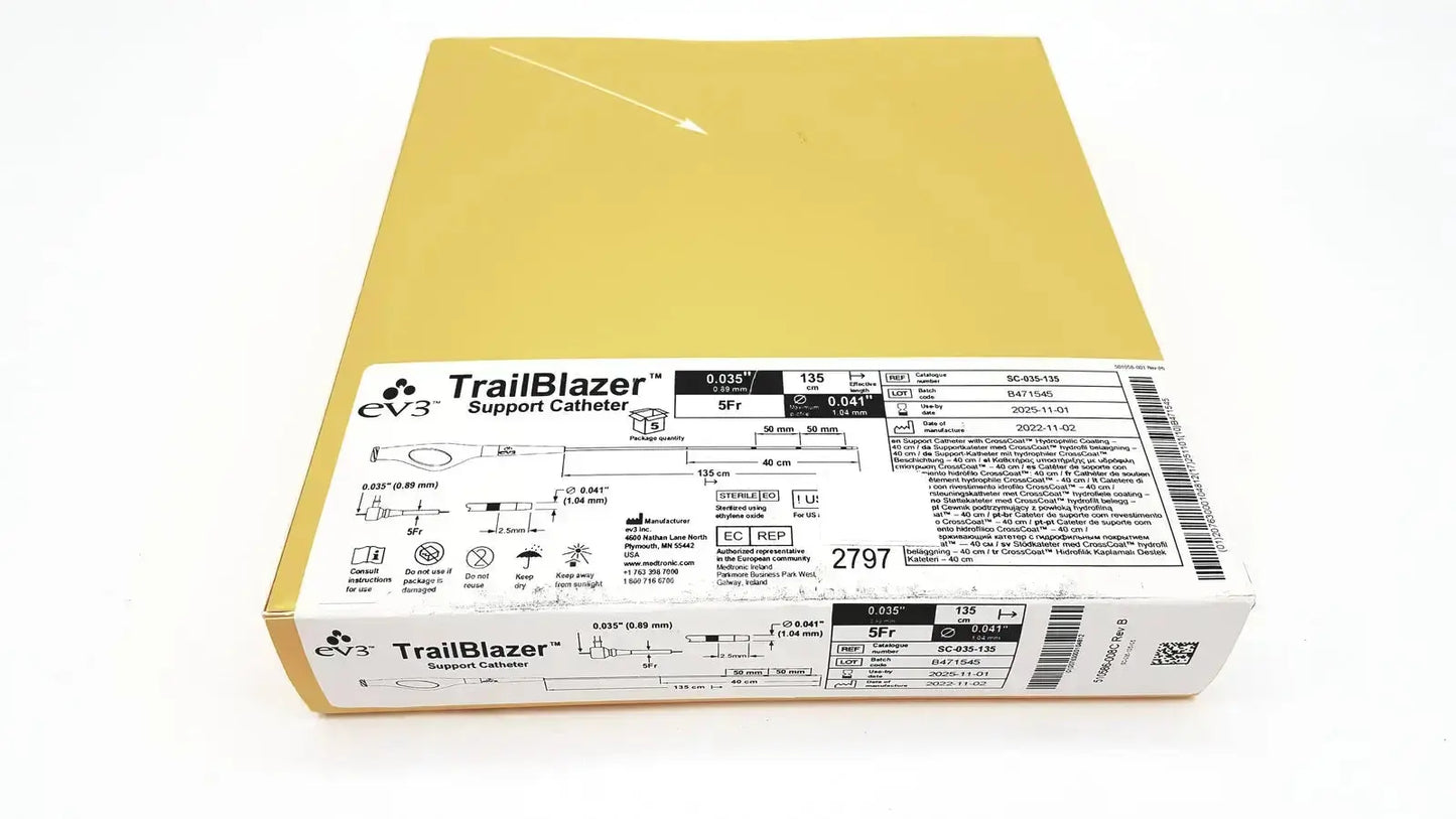 A rectangular cardboard box with yellow top and white sides labeled trailblazer support catheter 5fr ev3 ref sc-035-135