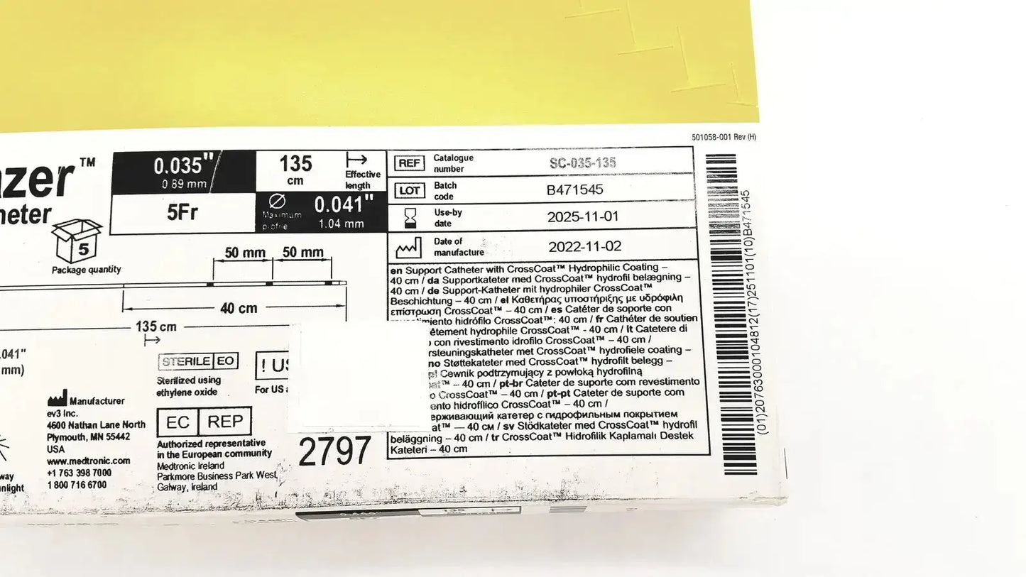 Sterile 5fr ev3 ref trailblazer support crosscath hydrophilic-coated catheter in white box with printed labeling and barcode