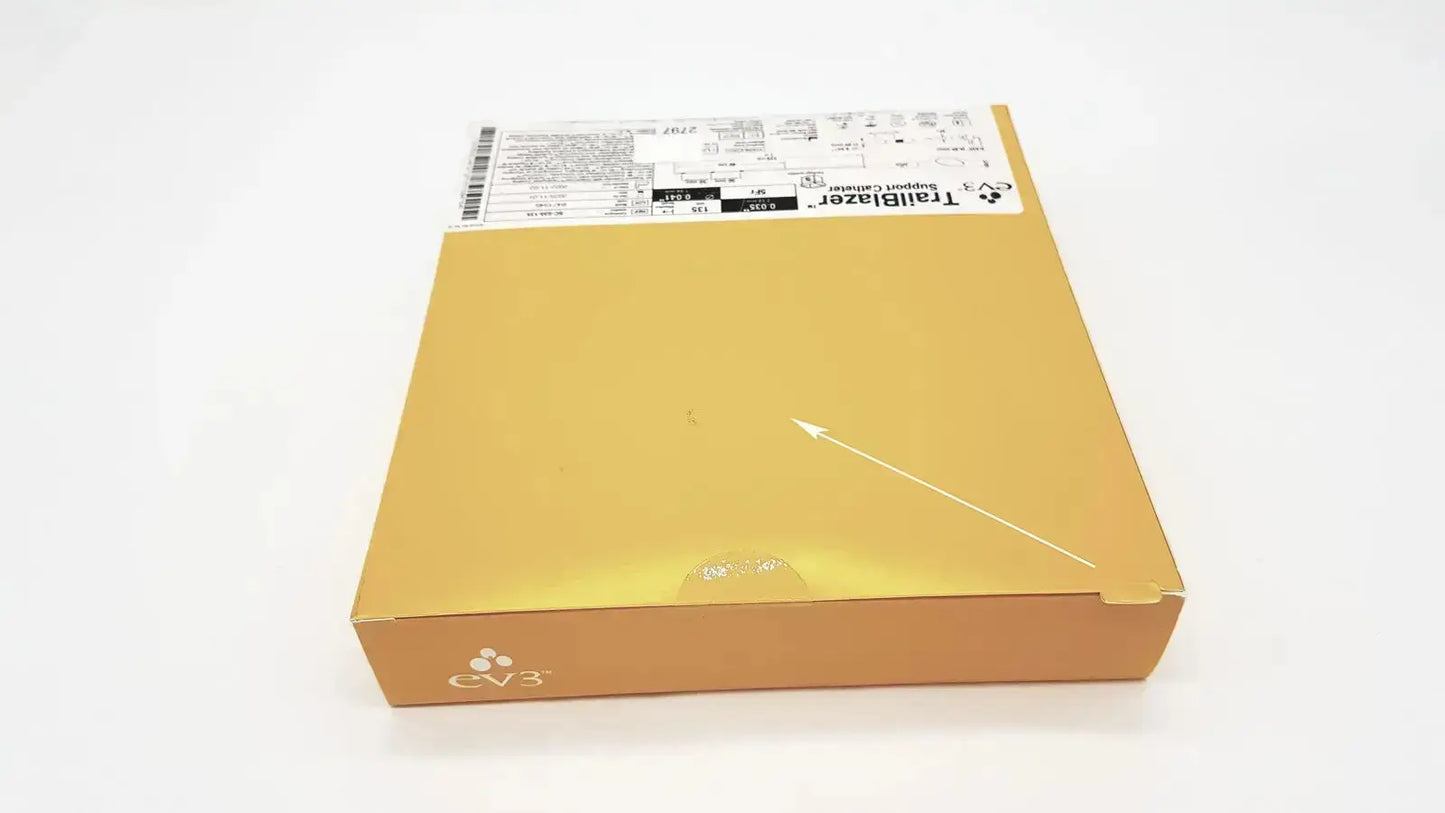 Gold-colored rectangular box with tallblazer branding for trailblazer support 5fr ev3 ref catheter packaging