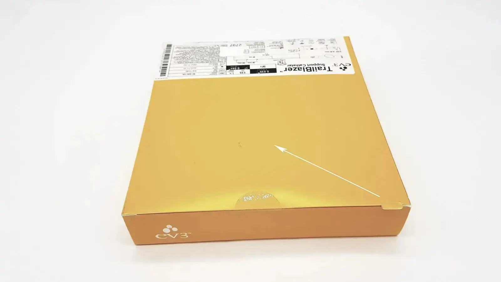Gold-colored rectangular box with tallblazer branding for trailblazer support 5fr ev3 ref catheter packaging