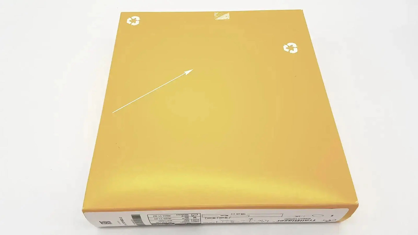 Yellow cardboard box with white recycling symbols and arrow graphic for trailblazer support catheter 5fr ev3 ref sc-035-135