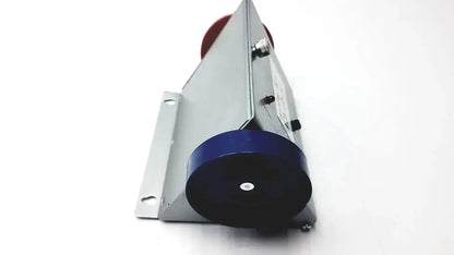 Silver metallic industrial belt tensioner with a blue pulley and red roller for tremetrics oscar electro-acoustic ear