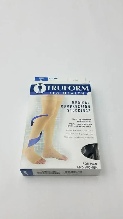 Get firm 20-30 mmHg support in black knee-high hosiery with closed-toe comfort and daily wear design, made for lasting relief, Truform compression stockings.