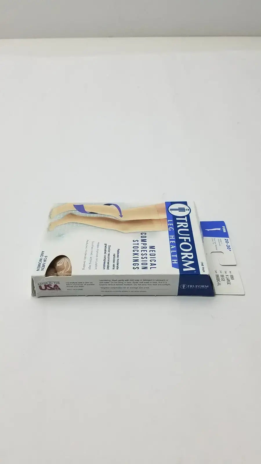 Beige knee-high support with firm 20-30 mmHg compression, closed-toe comfort, and daily wear durability for steady relief XL Truform Compression Stockings.