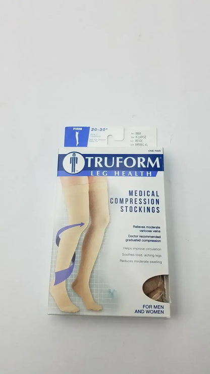 Beige knee-high support with firm 20-30 mmHg compression, closed-toe comfort, and daily wear durability for steady relief XL Truform Compression Stockings.