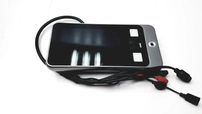 Black and silver Turing body temperature thermal scanner with screen and buttons connected by red and black cables