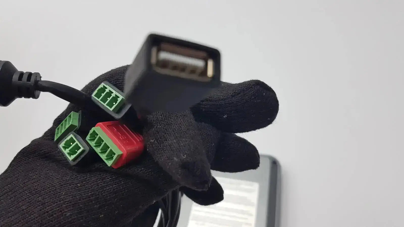 Black usb-a to multi-connector adapter with green and red terminal blocks for turing body temperature thermal scanner model tvts-op-btts 7-g2
