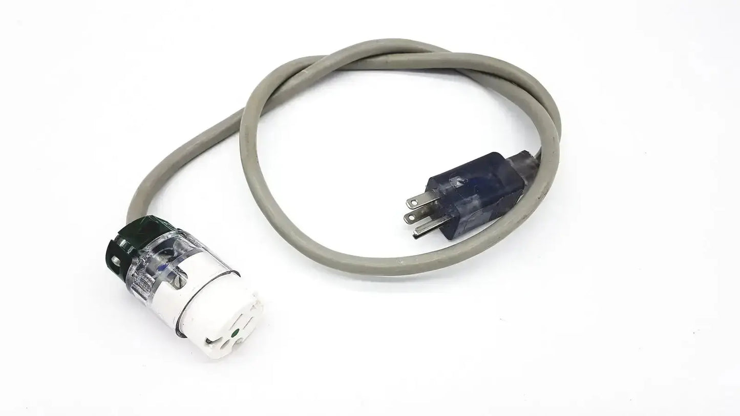 Gray standard outdoor mini extension cord with black clear plug and dark blue three-pronged plug for outdoor use