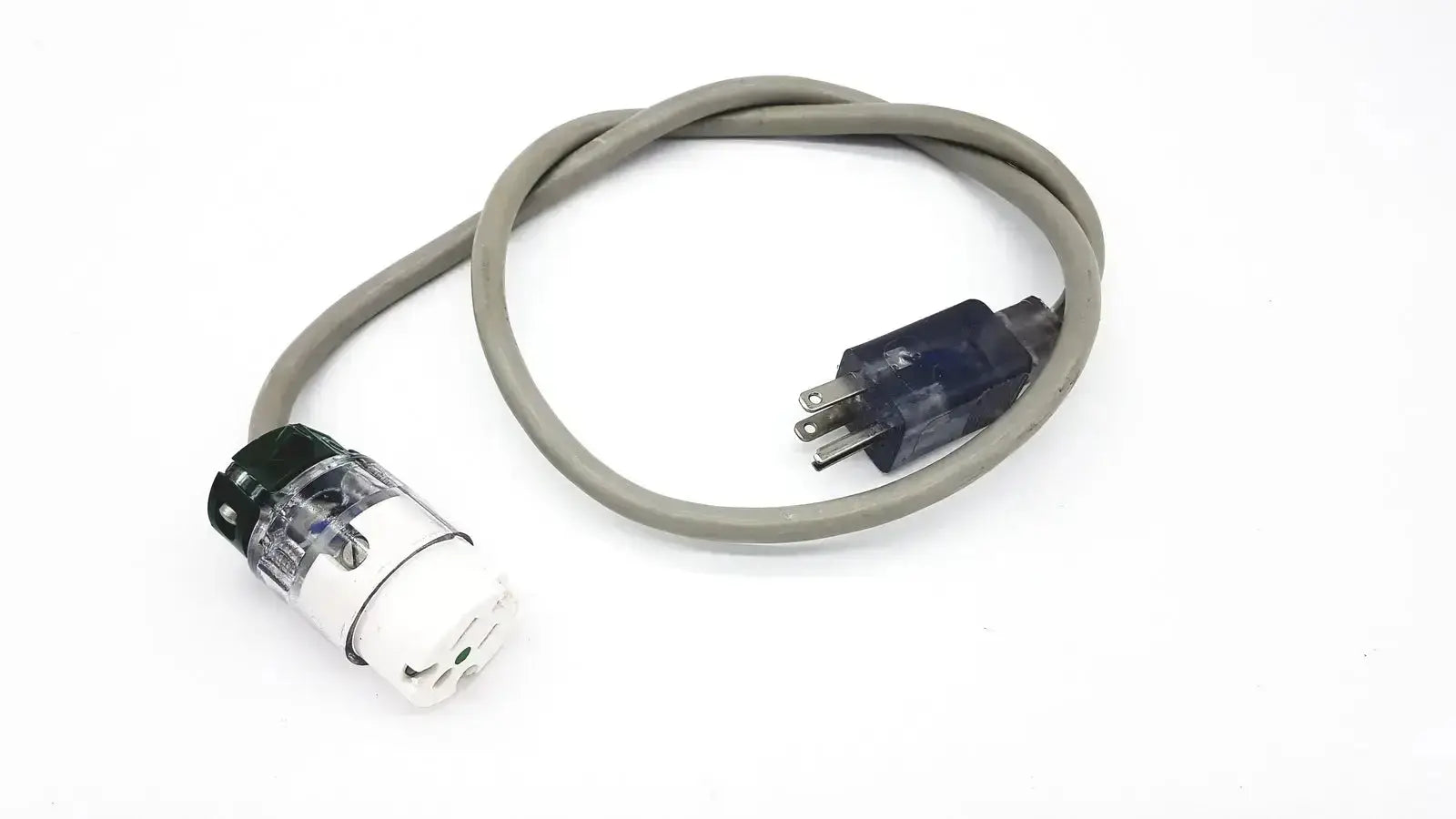 Gray standard outdoor mini extension cord with black clear plug and dark blue three-pronged plug for outdoor use