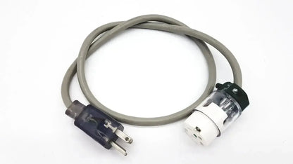 Gray ul standard outdoor mini extension cord with dark blue plug and clear white socket end for outdoor use