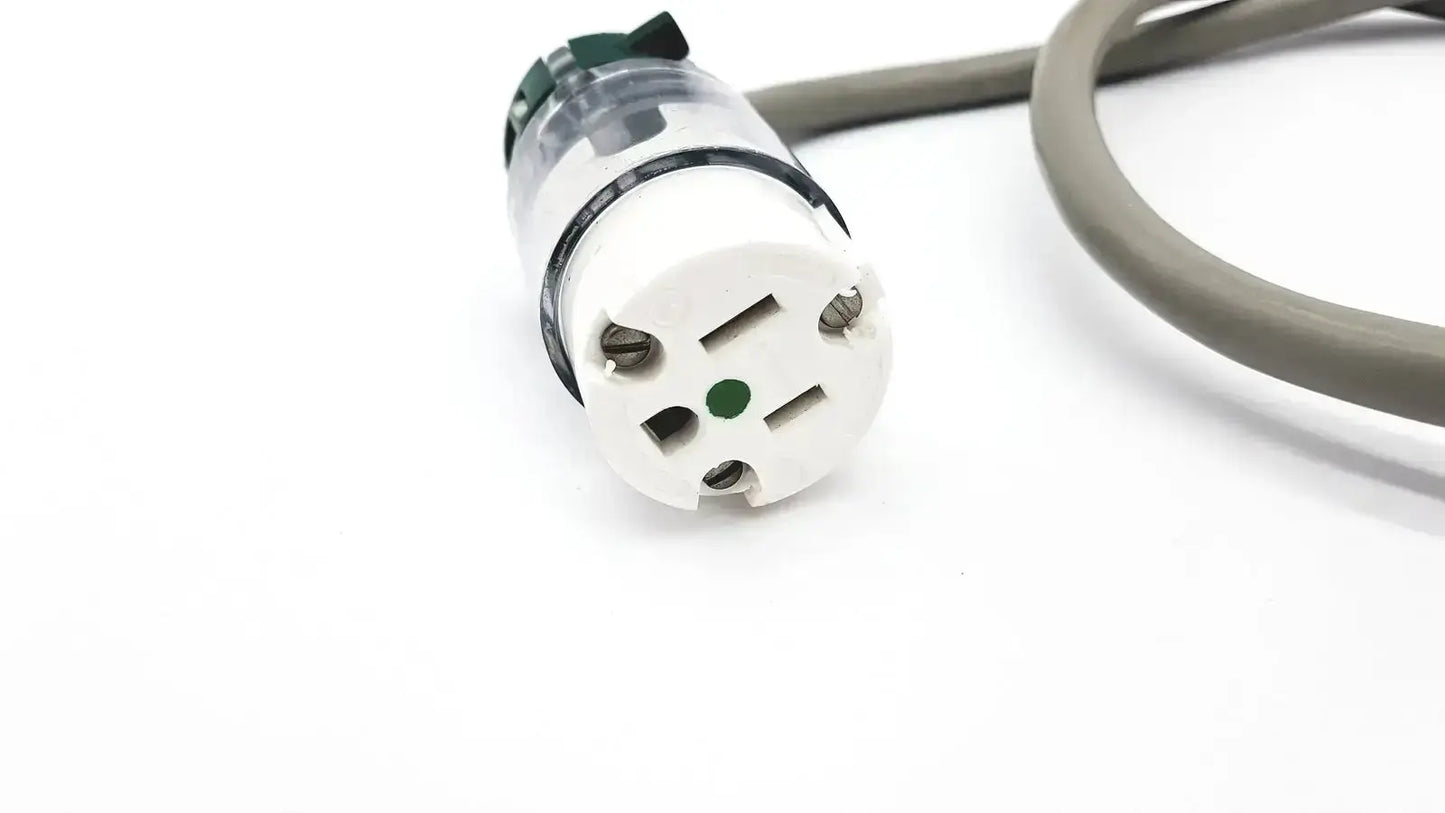 White nema 6-20r plug with clear plastic housing and green grounding indicator for standard outdoor mini extension cord